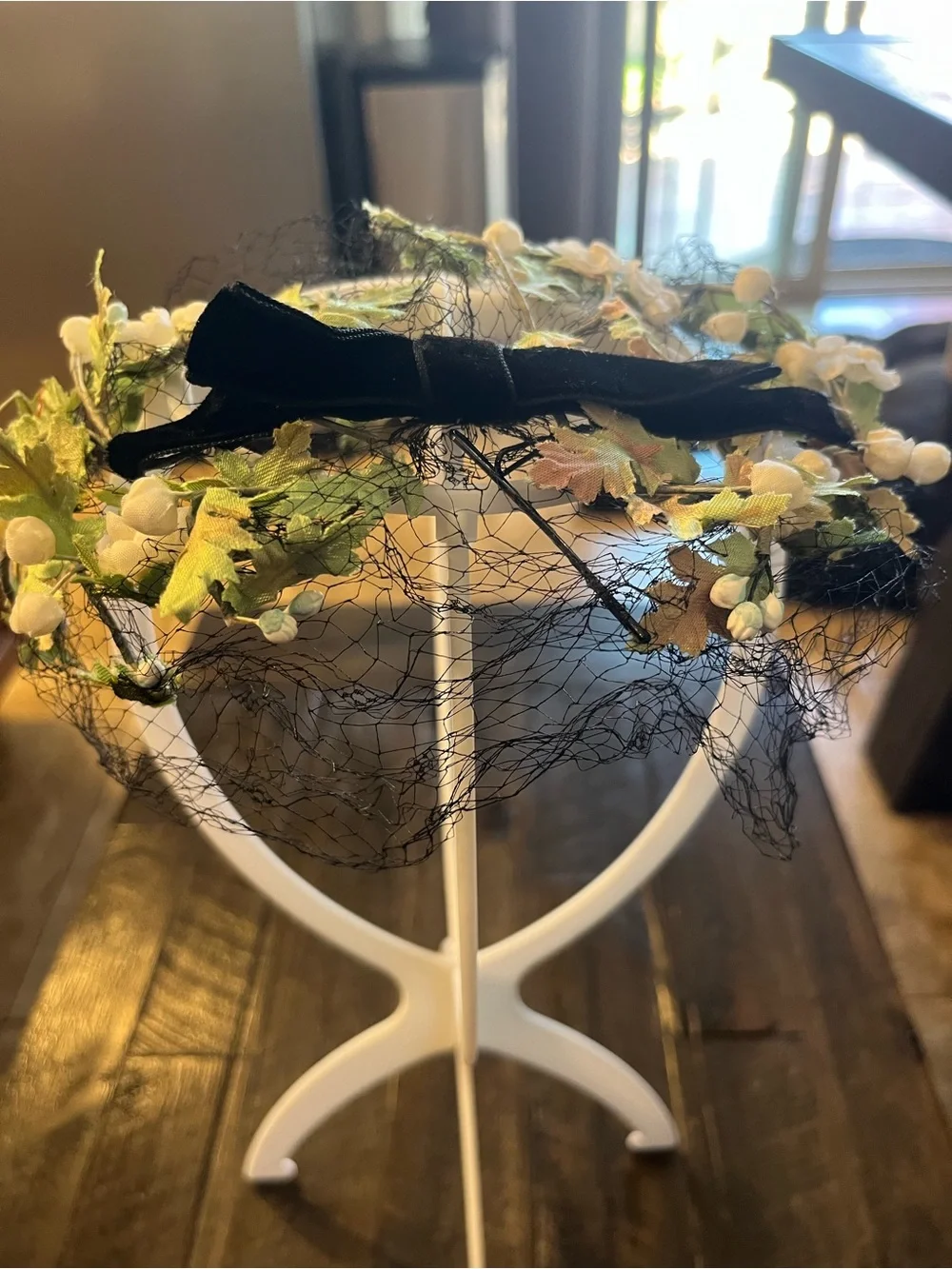 Vintage Floral Black Veil Headband with Green and Cream Accents